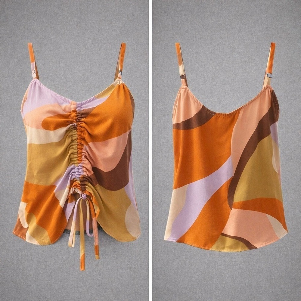 🍁Sanctuary Womens Large Abstract Retro Print Ruched Drawstring Cami Top Orange